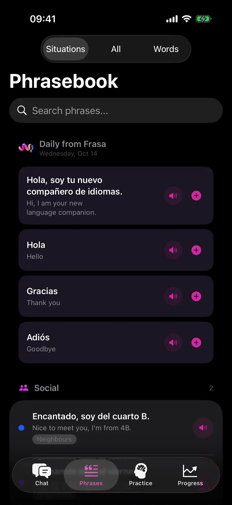Le phrasier avec les phrases du jour envoyées par Frasa